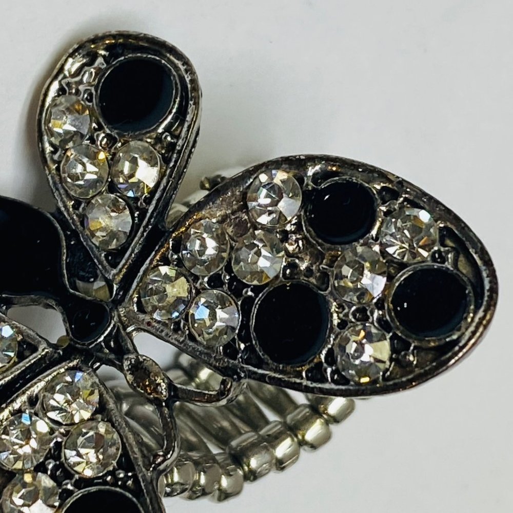 Ring Stretch Butterfly Shape Women Rhinestone Accents Enamel Silver Color Metal - Picture 3 of 16